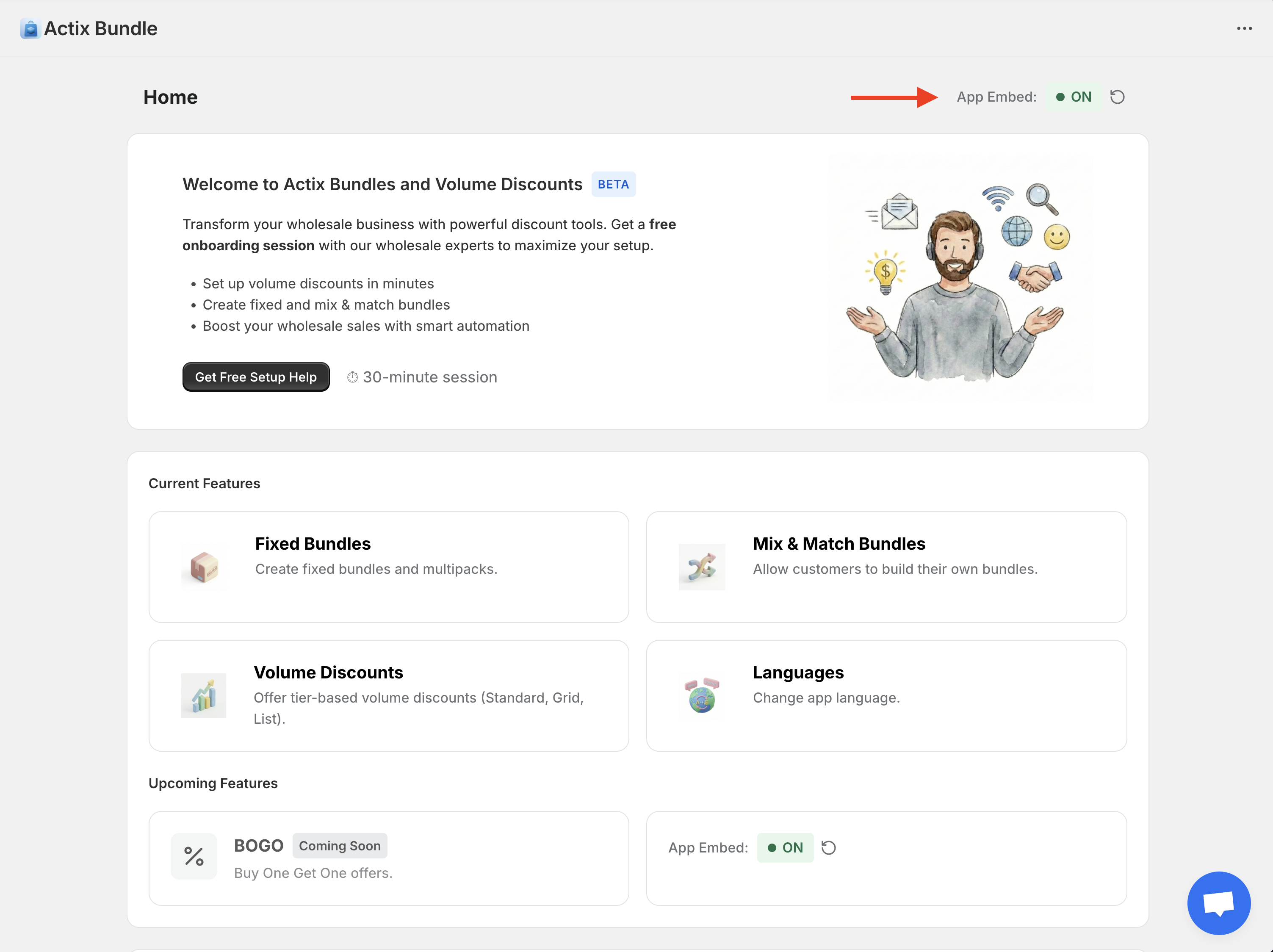 Panou de control App Embed activat
